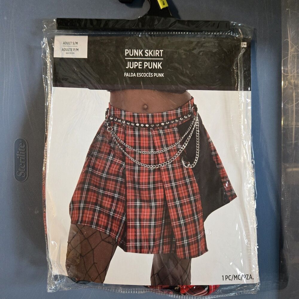 Women's S/M Punk Mini Skirt Red Plaid Pleated w/Chain Hot Topic Costume Cosplay